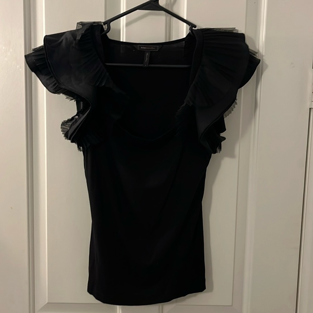 BCBG Black Short Slv Ruffle Top Size S